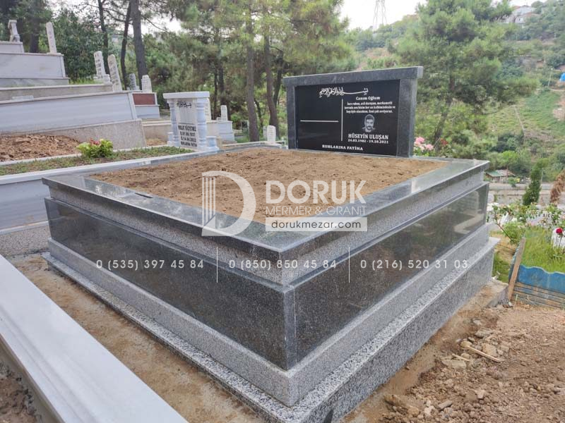 Cift Kisilik Siyah ve Gri Granit Komple 5cm Kalinlikta Blok Mezar