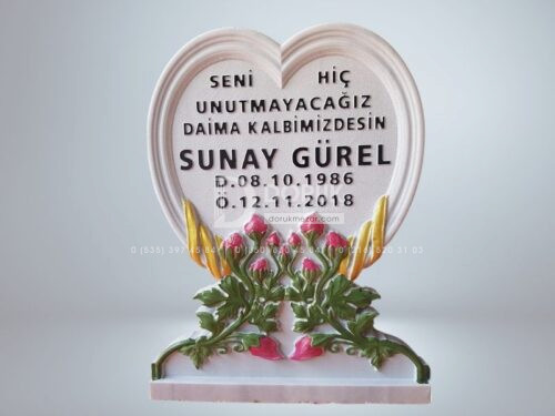 Cnc 3D Lale Çiçekli Kalp Şeklinde İşlemeli Mezar Taşı