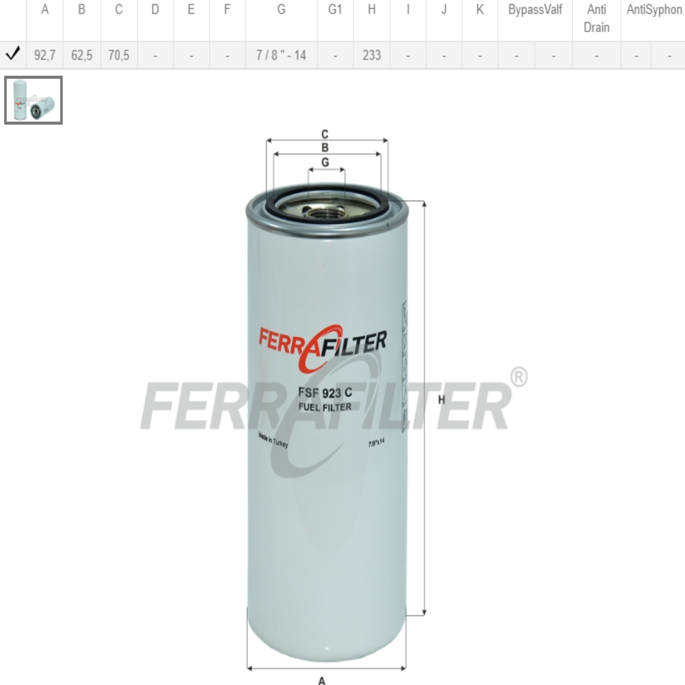 FSF923C Yakıt Filtresi