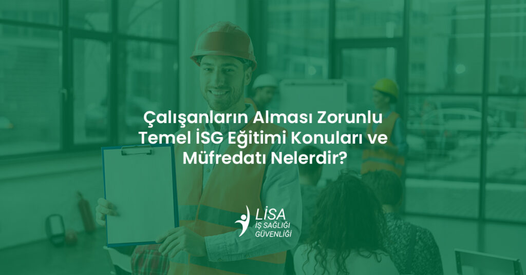 Zorunlu temel İSG eğitimi konuları ve müfredatı sunumu yapan baretli iş güvenliği uzmanı