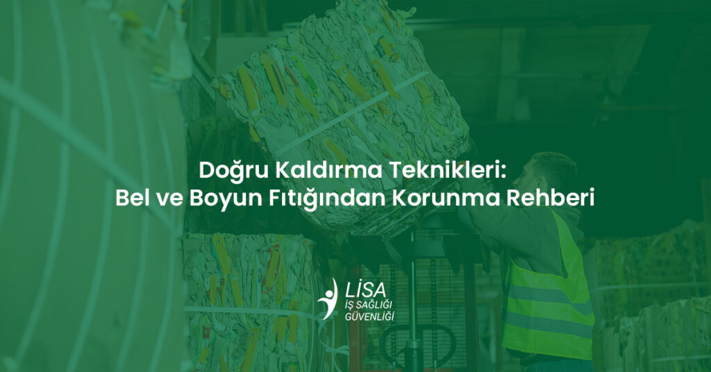 Depoda reflektörlü yelek giyen bir işçinin ergonomik kurallara uygun olarak ağır yük kaldırması