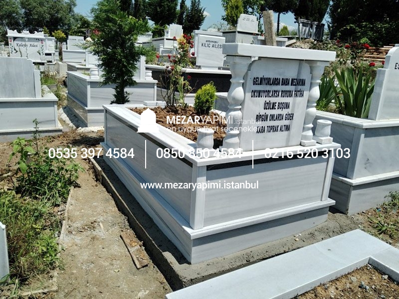Tek Kişilik Sütunlu Granit Şeritli Mezar - Görsel 6