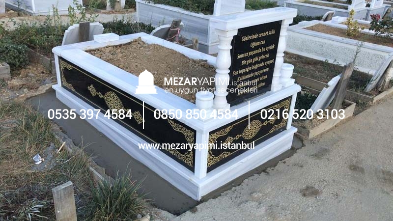 Tek Kişilik Granit Desen İşlemeli Sütunlu Mezar - Görsel 2