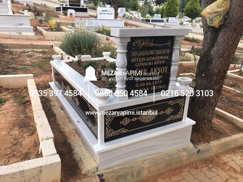 Tek Kişilik Granit Desen İşlemeli Sütunlu Mezar - Görsel 5