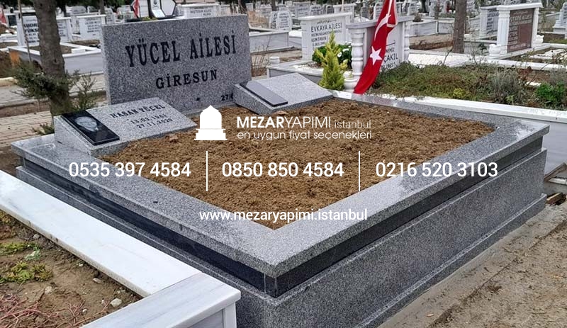 Çift Kişilik Gri Siyah Granit Abide Baş Taşı Blok Mezar - Görsel 2