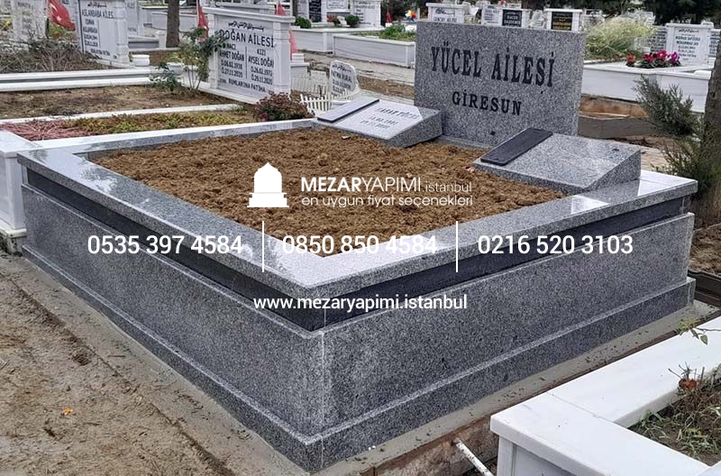 Çift Kişilik Gri Siyah Granit Abide Baş Taşı Blok Mezar - Görsel 3