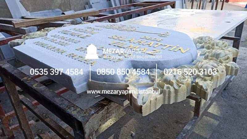 Cnc Çiçek İşlemeli Özel Tasarım Mermer Mezar Taşı - Görsel 4