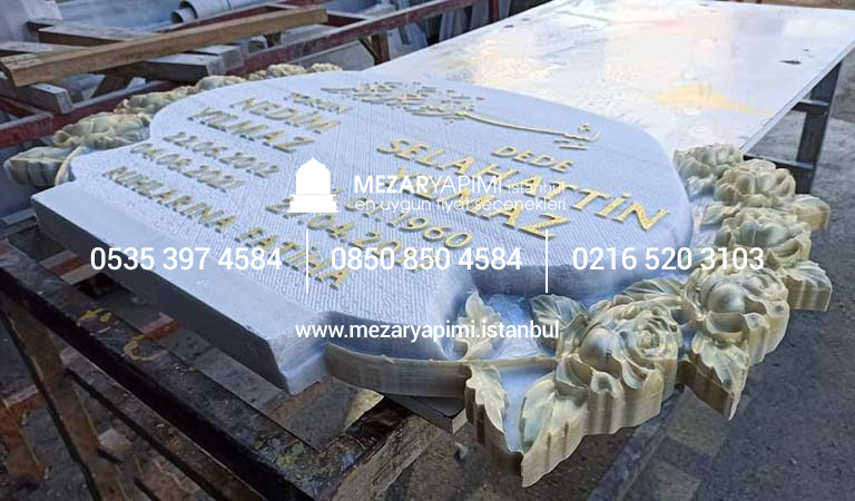 Cnc Çiçek İşlemeli Özel Tasarım Mermer Mezar Taşı - Görsel 8