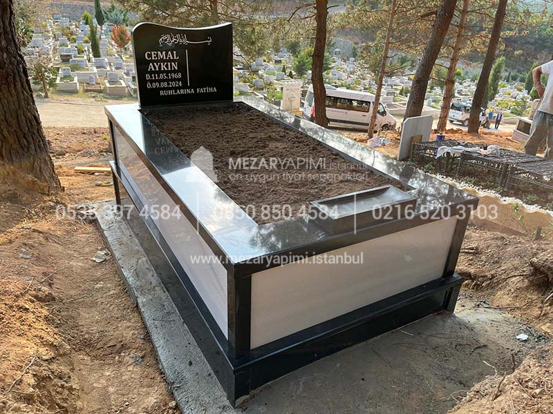 Tek Kisilik Siyah Granit Beyaz Mermer Mezar-10