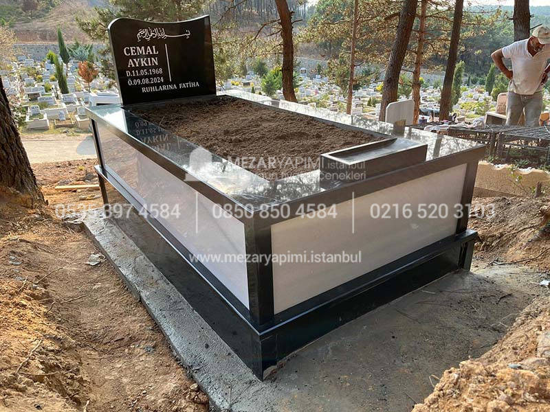 Tek Kisilik Siyah Granit Beyaz Mermer Mezar-11