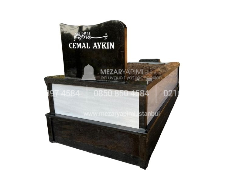 Tek Kisilik Siyah Granit Beyaz Mermer Mezar-2