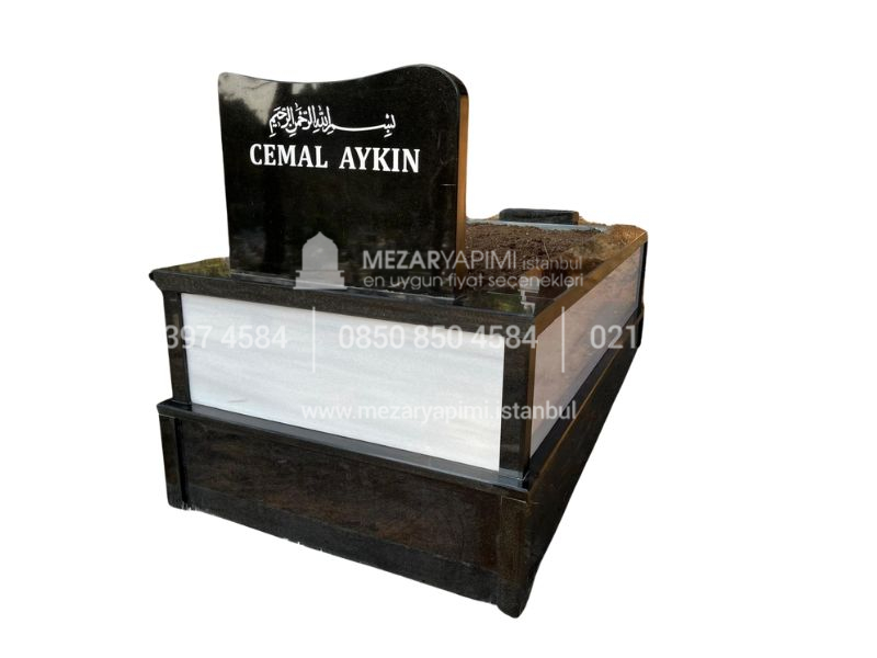 Tek Kisilik Siyah Granit Beyaz Mermer Mezar-4