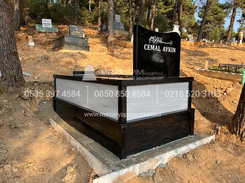 Tek Kisilik Siyah Granit Beyaz Mermer Mezar-6