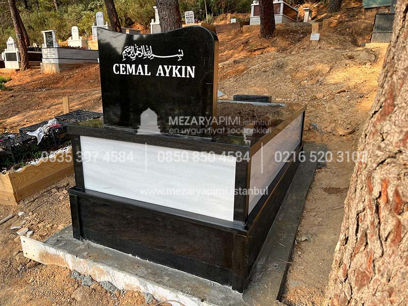 Tek Kisilik Siyah Granit Beyaz Mermer Mezar-7