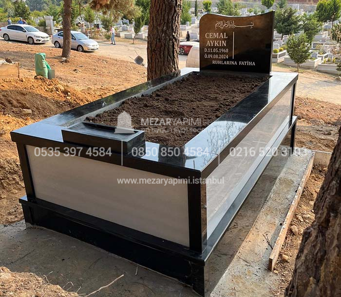 Tek Kisilik Siyah Granit Beyaz Mermer Mezar-8