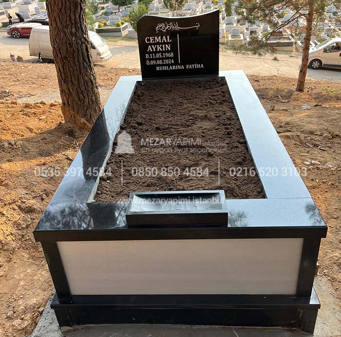 Tek Kisilik Siyah Granit Beyaz Mermer Mezar-9