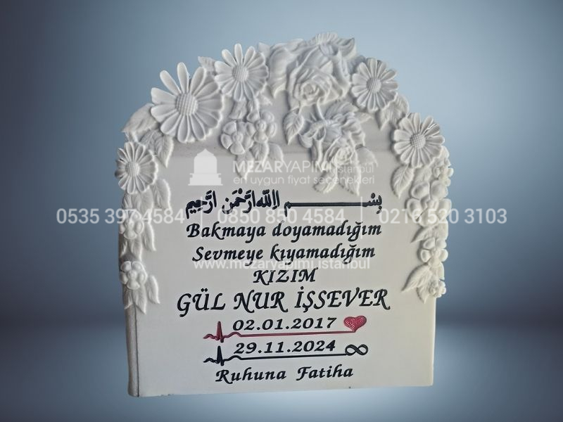 Cnc Rölyef Kabartmalı Baştaşı Çiçek Desenli Mezar