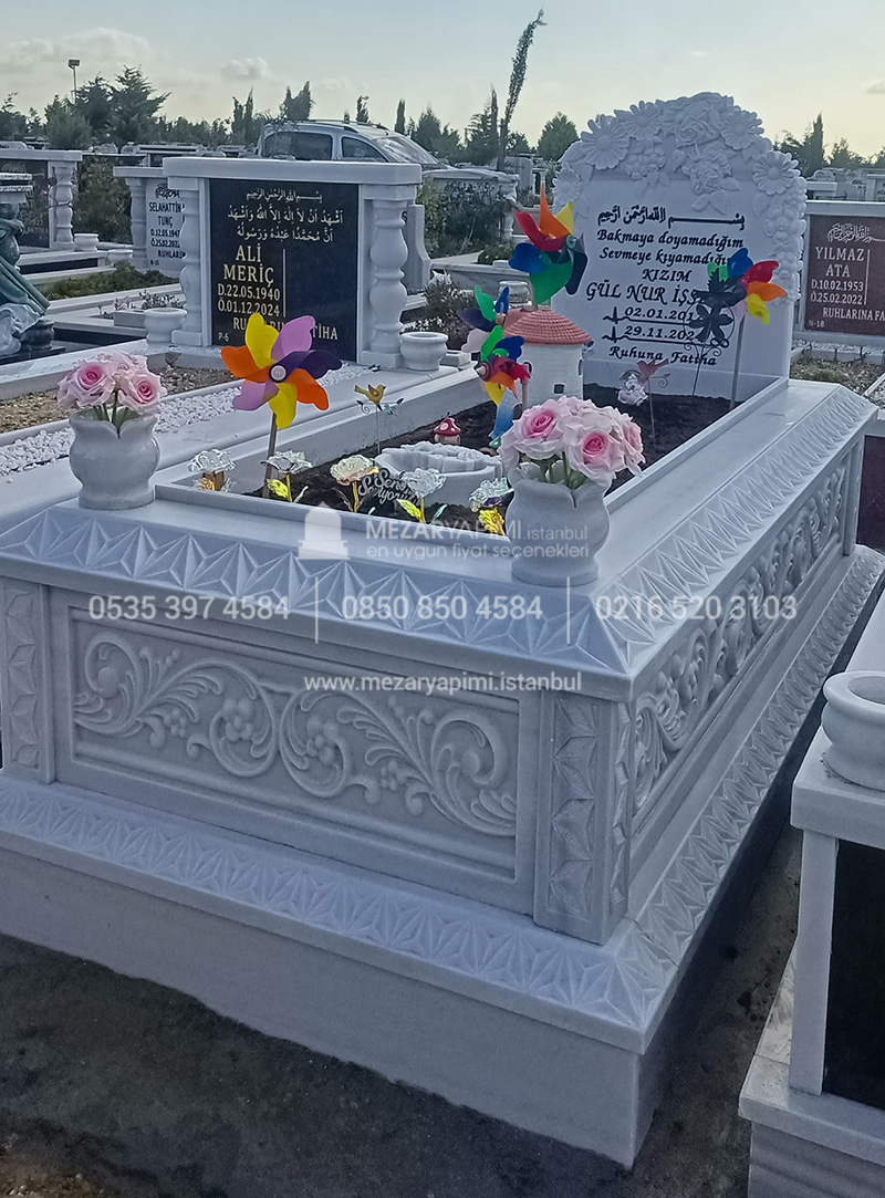 Cnc Rölyef Kabartmalı Baştaşı Çiçek Desenli Mezar