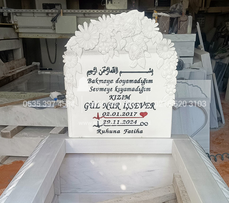 Cnc Rölyef Kabartmalı Baştaşı Çiçek Desenli Mezar