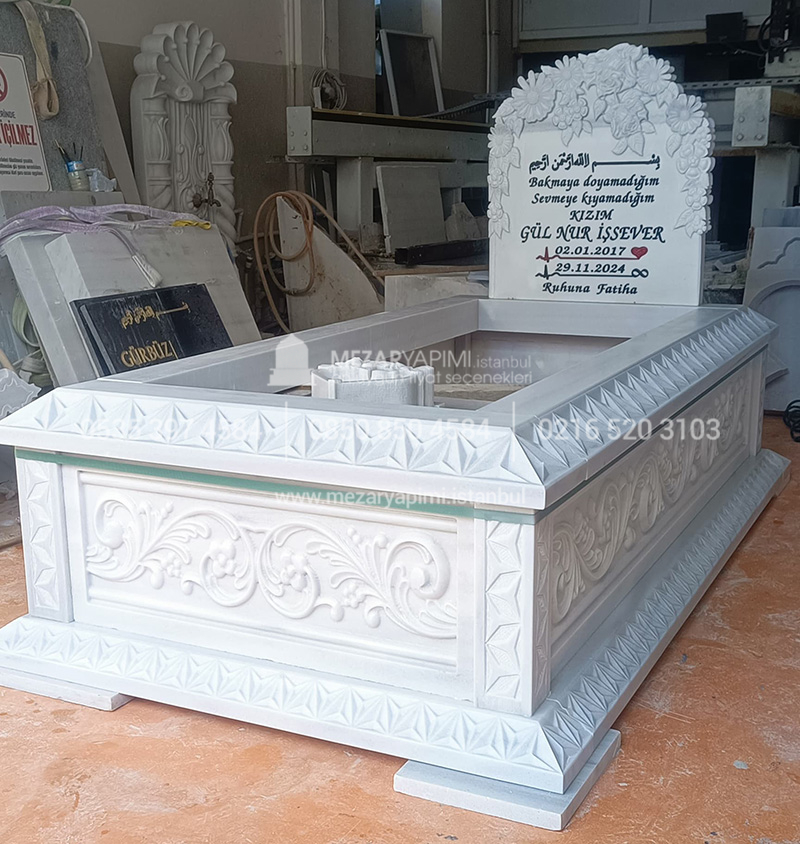 Cnc Rölyef Kabartmalı Baştaşı Çiçek Desenli Mezar