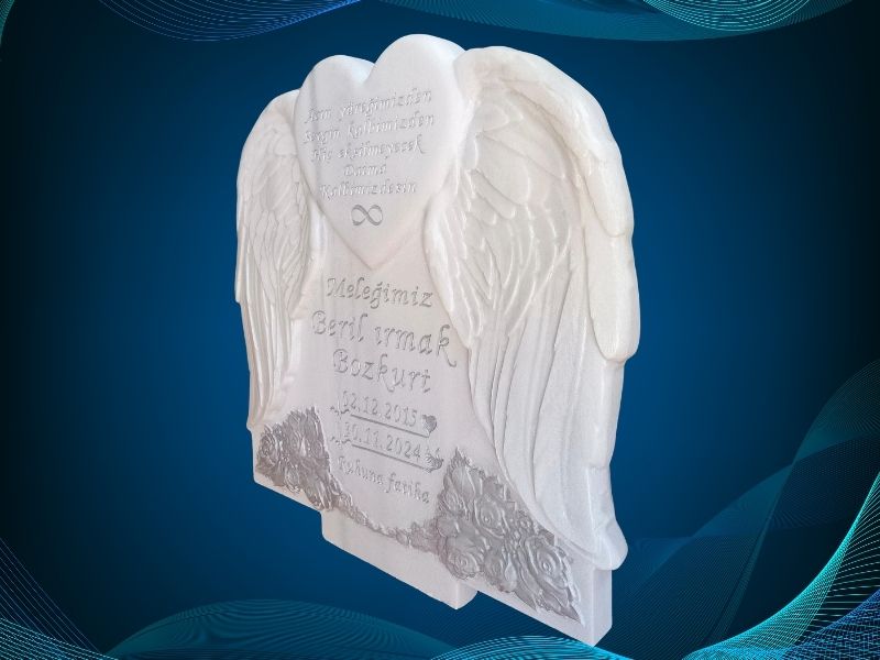 Melek Kanadı ve Kalpli 3D Cnc Mezar Taşı