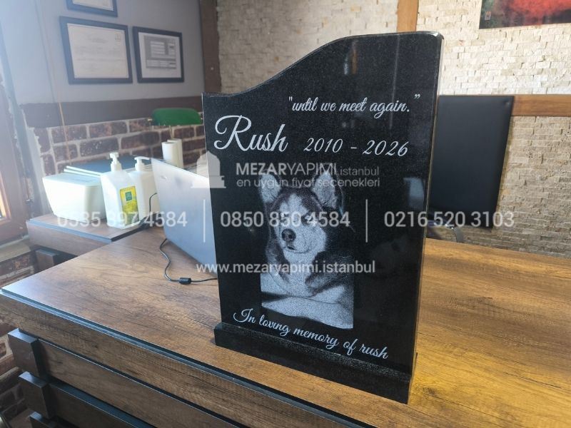 Lazer Resimli Siyah Granit Pet Mezar Taşı