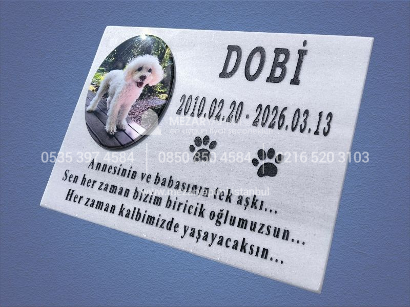 Kaide Üzerinde Porselen Resimli Mermer Pet Mezar Taşı