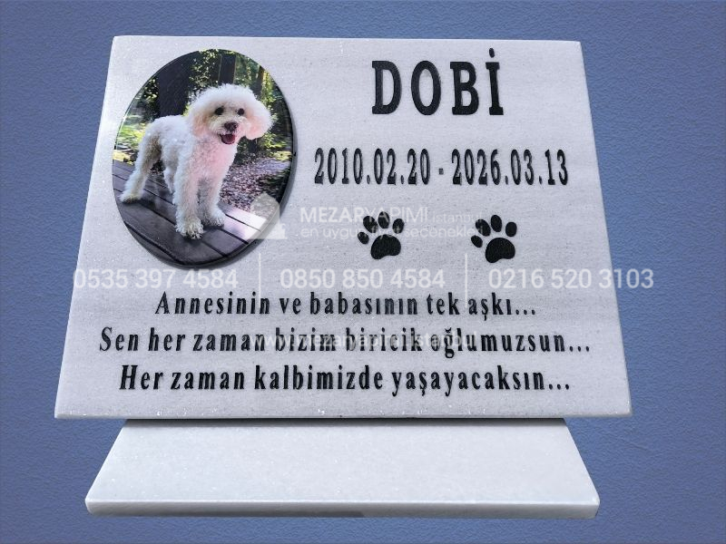 Kaide Üzerinde Porselen Resimli Mermer Pet Mezar Taşı