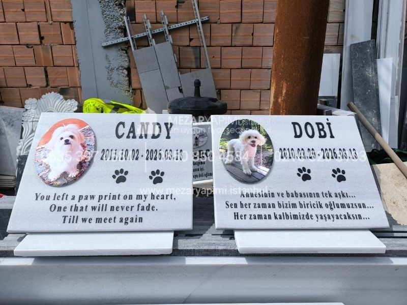 Kaide Üzerinde Porselen Resimli Mermer Pet Mezar Taşı