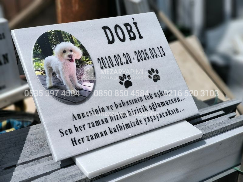 Kaide Üzerinde Porselen Resimli Mermer Pet Mezar Taşı