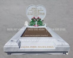Lale Motifli Kalp Şeklinde Cnc İşlemeli Mermer Mezar